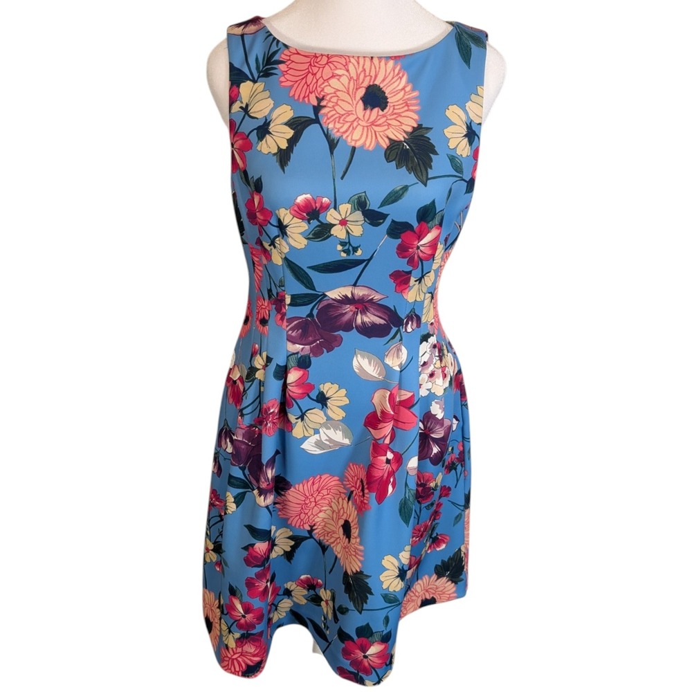 Vince Camuto Blue Floral Sleeveless Sheath Dress Pink Yellow Dahlias Size 8